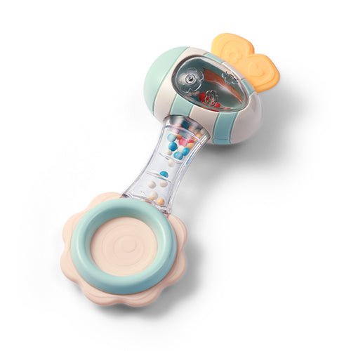 Baby rattle with teether, light blue handle with ring teether and bead drum