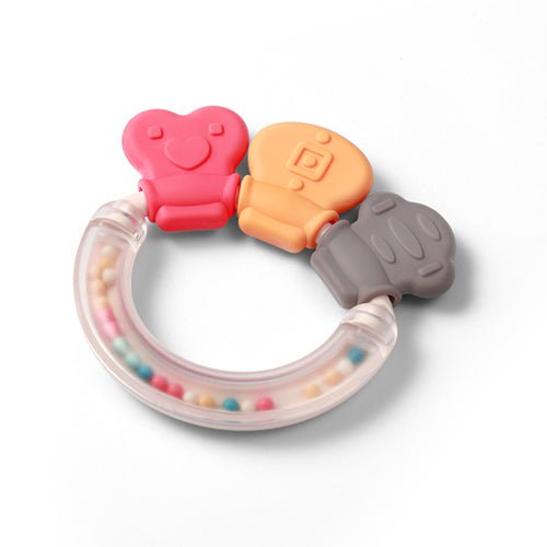 Colorful teething rattle with clear ring, bead texture, and molded handles