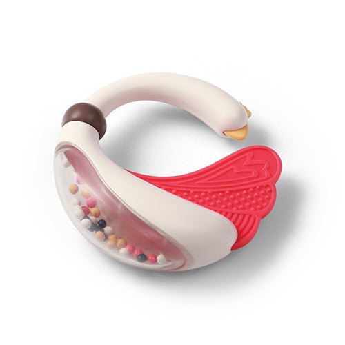 White baby rattle with teether ring, red textured grip and colorful bead accents