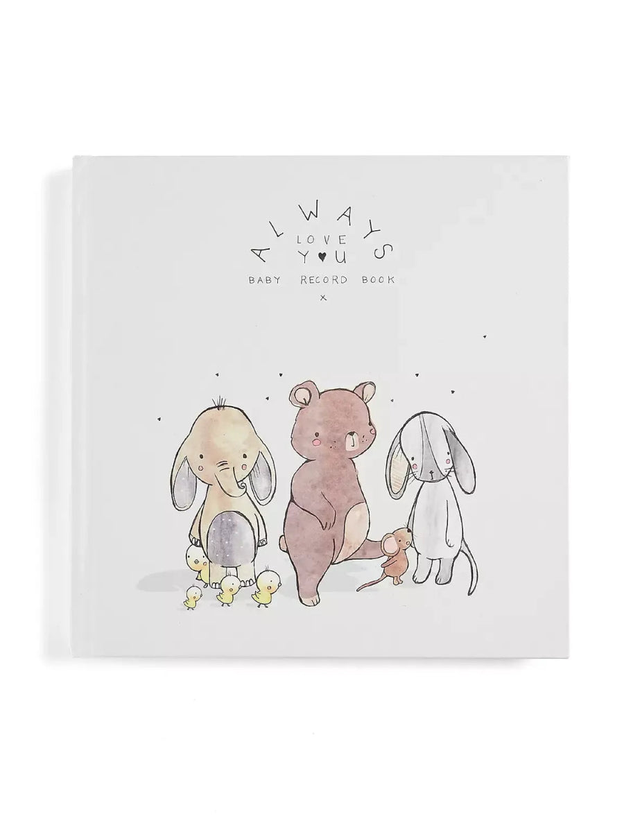 Baby record book cover with three bunny-eared animals illustration and title text
