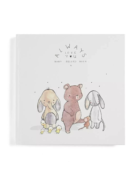 Baby record book cover with three bunny-eared animals illustration and title text