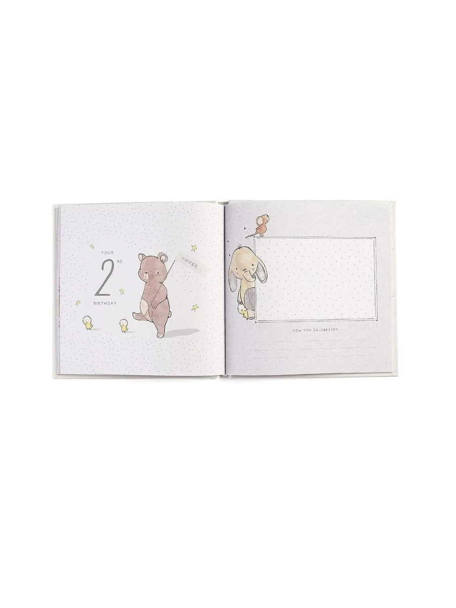 Baby record book, open pages with teddy bear figures and a blank photo frame