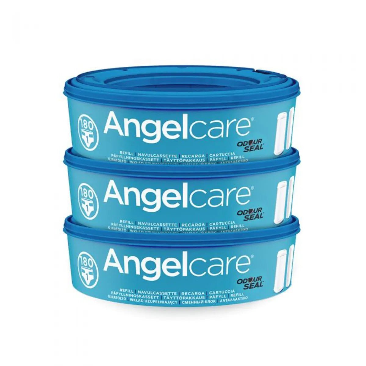 Pack of 3 Angelcare refill cassettes, stacked three blue-lidded containers