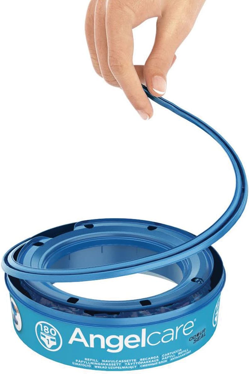 Angelcare refill cassette with blue handle and open blue-lidded base