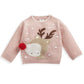 Pink knit reindeer Christmas jumper with front reindeer face and red pom-pom