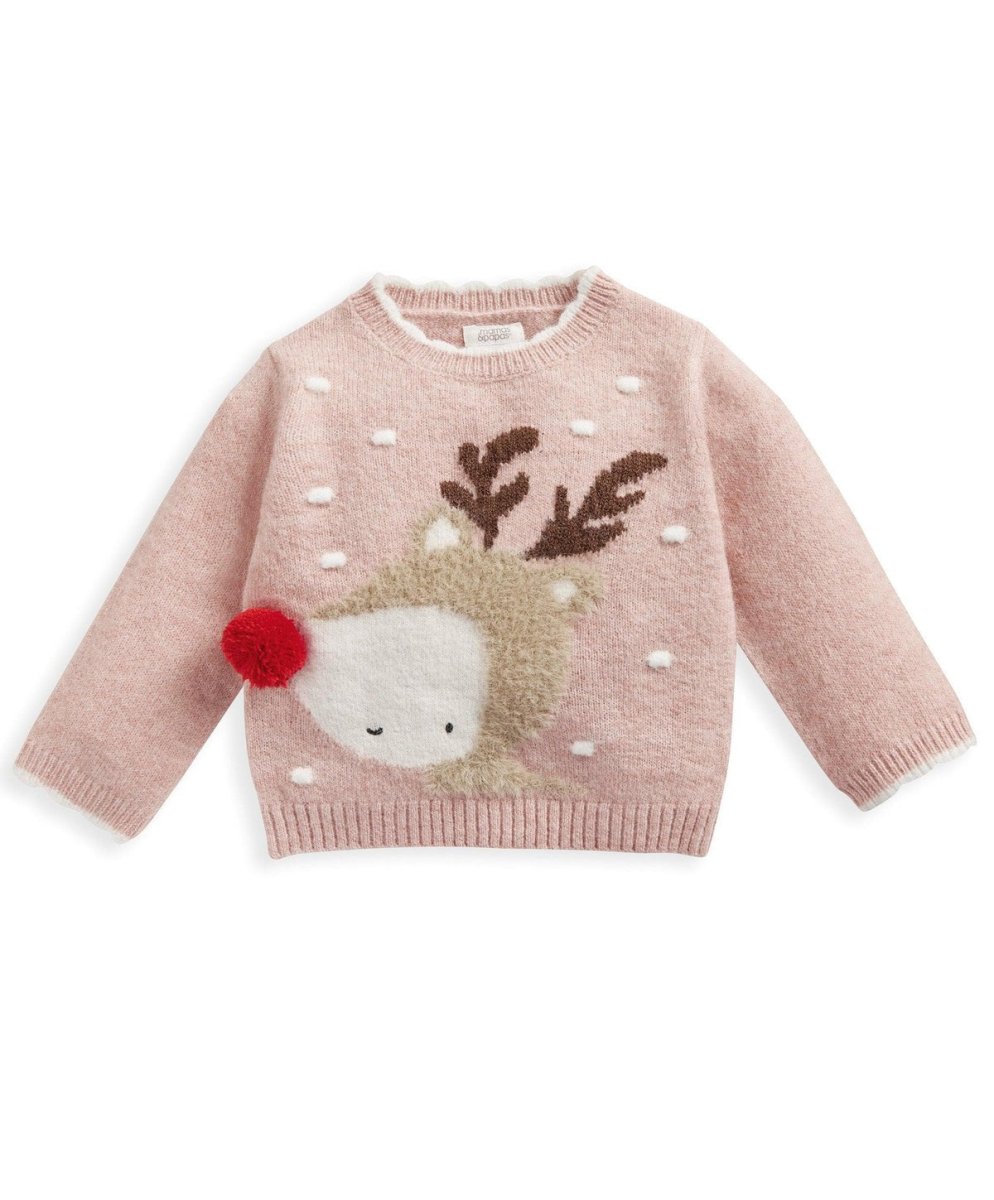 Pink knit reindeer Christmas jumper with front reindeer face and red pom-pom