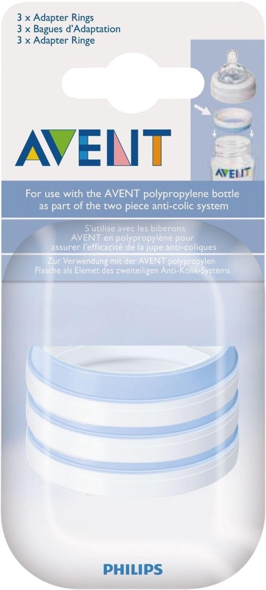 Anti-colic baby bottle adapter rings, white with blue accents