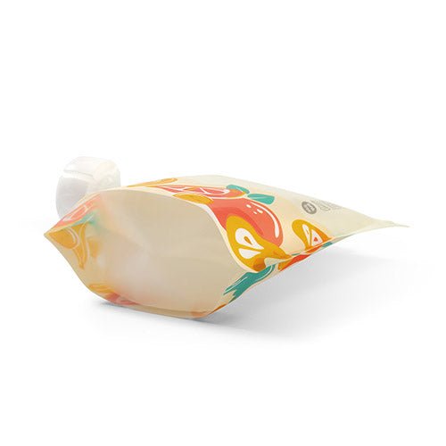 Reusable food sachet pouch in light beige with colorful fruit graphic, stand-up pouch