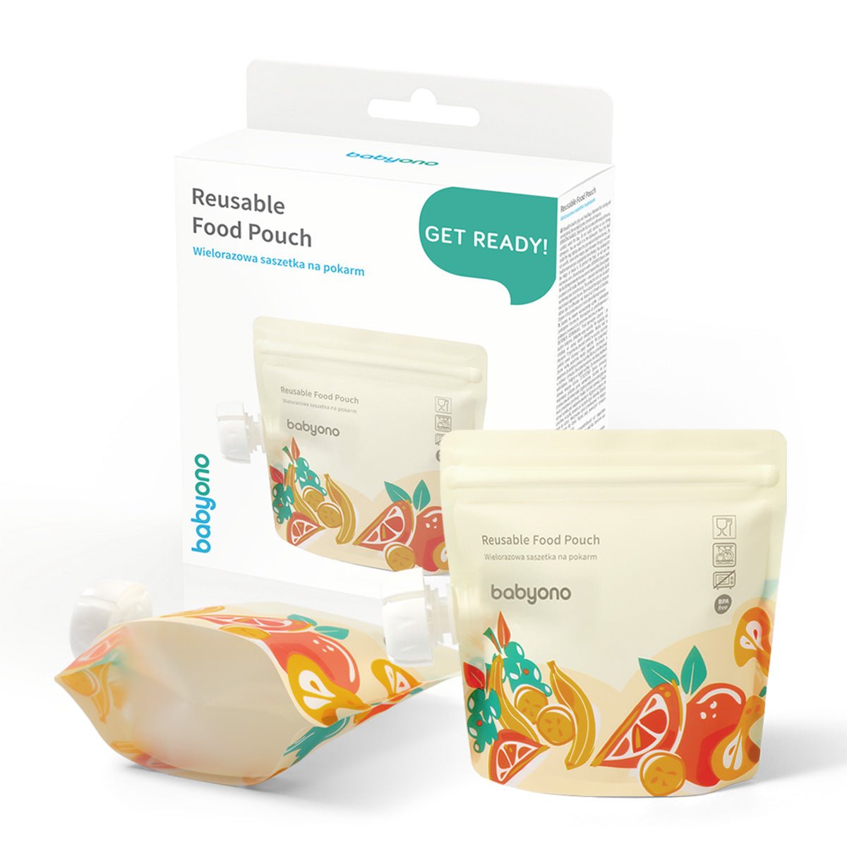 Reusable food sachet pouch, light beige with fruit print and side zipper, pack of 5
