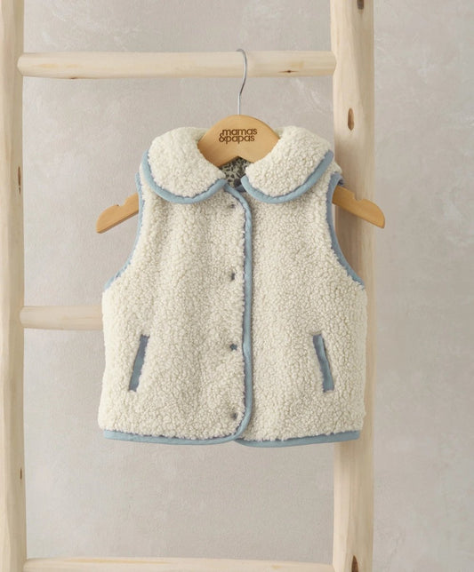 Cream borg fleece gilet with blue trim, zip front, side pockets
