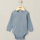 Blue ribbed long-sleeve bodysuit with button placket