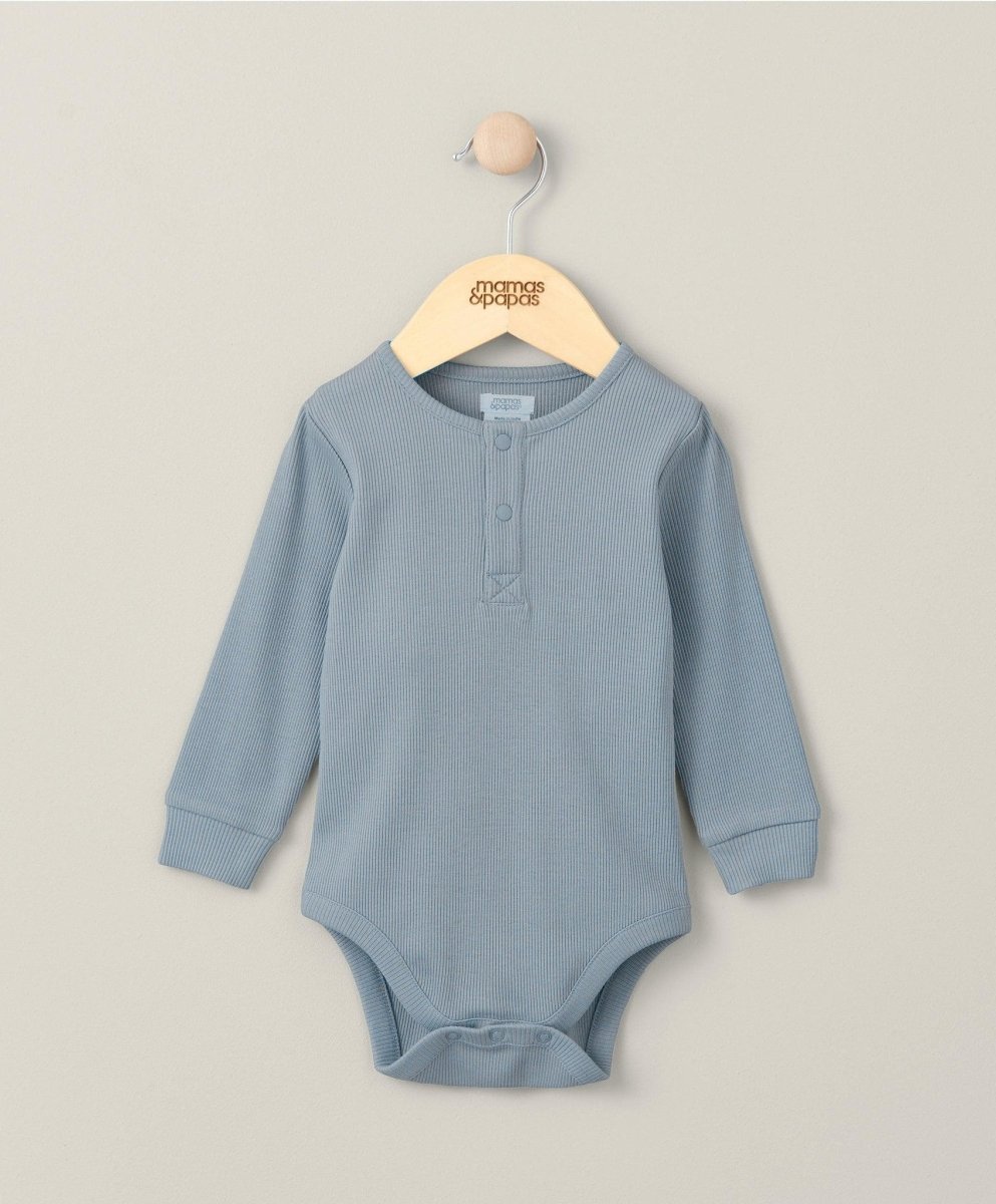 Blue ribbed long-sleeve bodysuit with button placket
