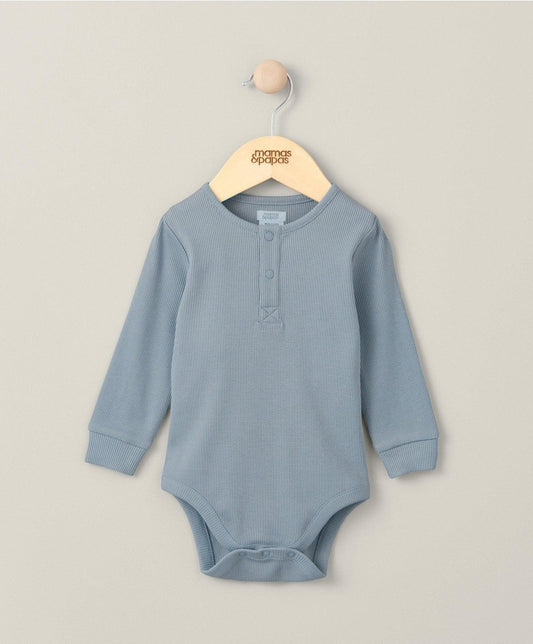 Blue ribbed long-sleeve bodysuit with button placket
