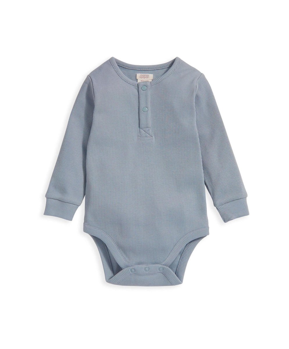 Blue ribbed long-sleeve bodysuit with front button placket