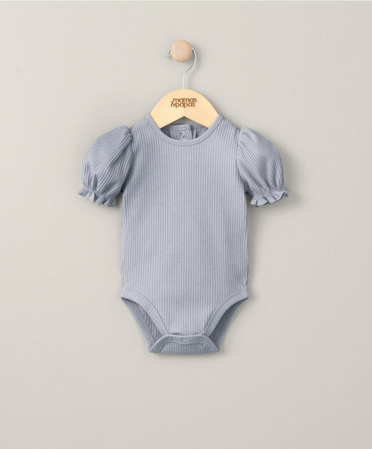 Heather blue ribbed bodysuit with short puff sleeves and snap-button crotch