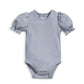 Heather blue ribbed bodysuit, front view, short puff sleeves, snap-button crotch