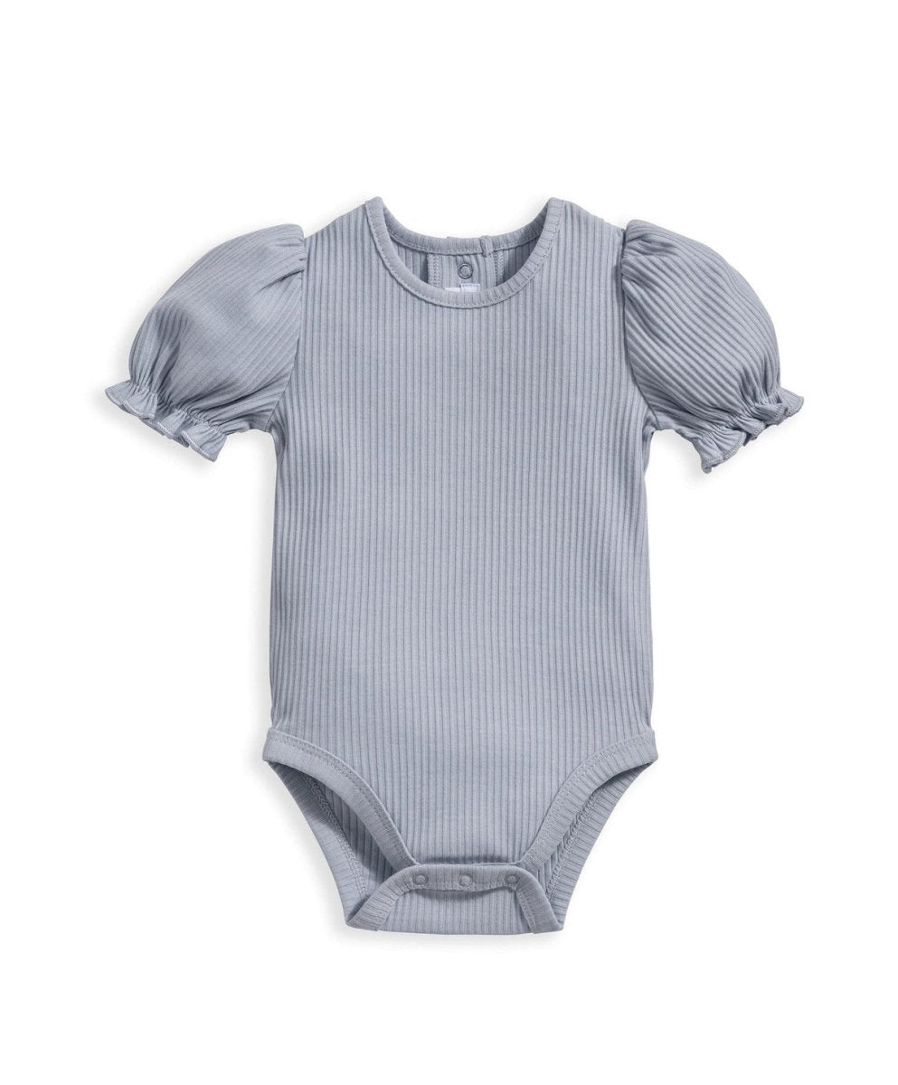 Heather blue ribbed bodysuit, front view, short puff sleeves, snap-button crotch