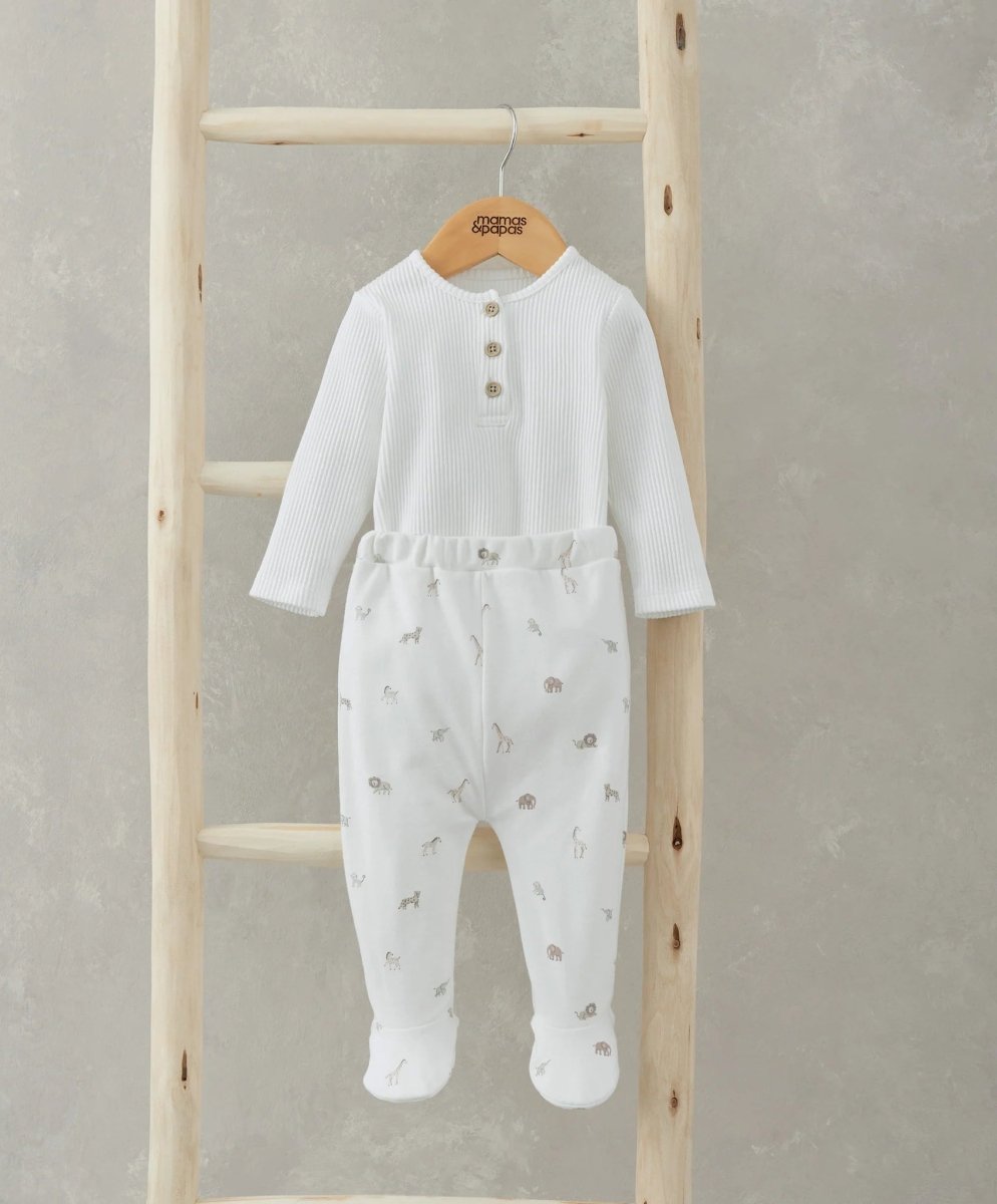 Ribbed bodysuit and safari print pants set, white long-sleeve with buttons