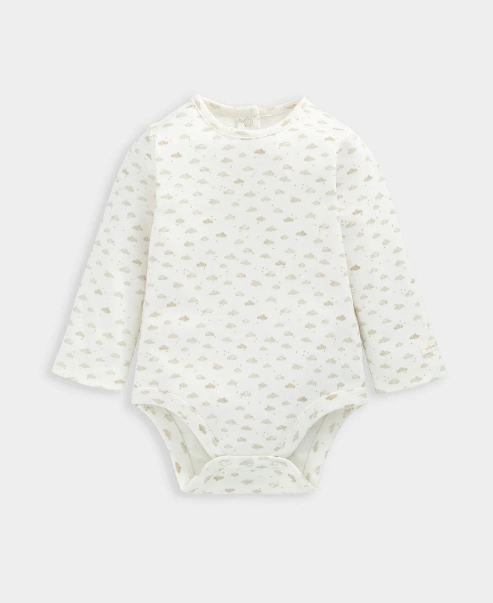 Off-white patterned long-sleeve bodysuit with snap leg opening
