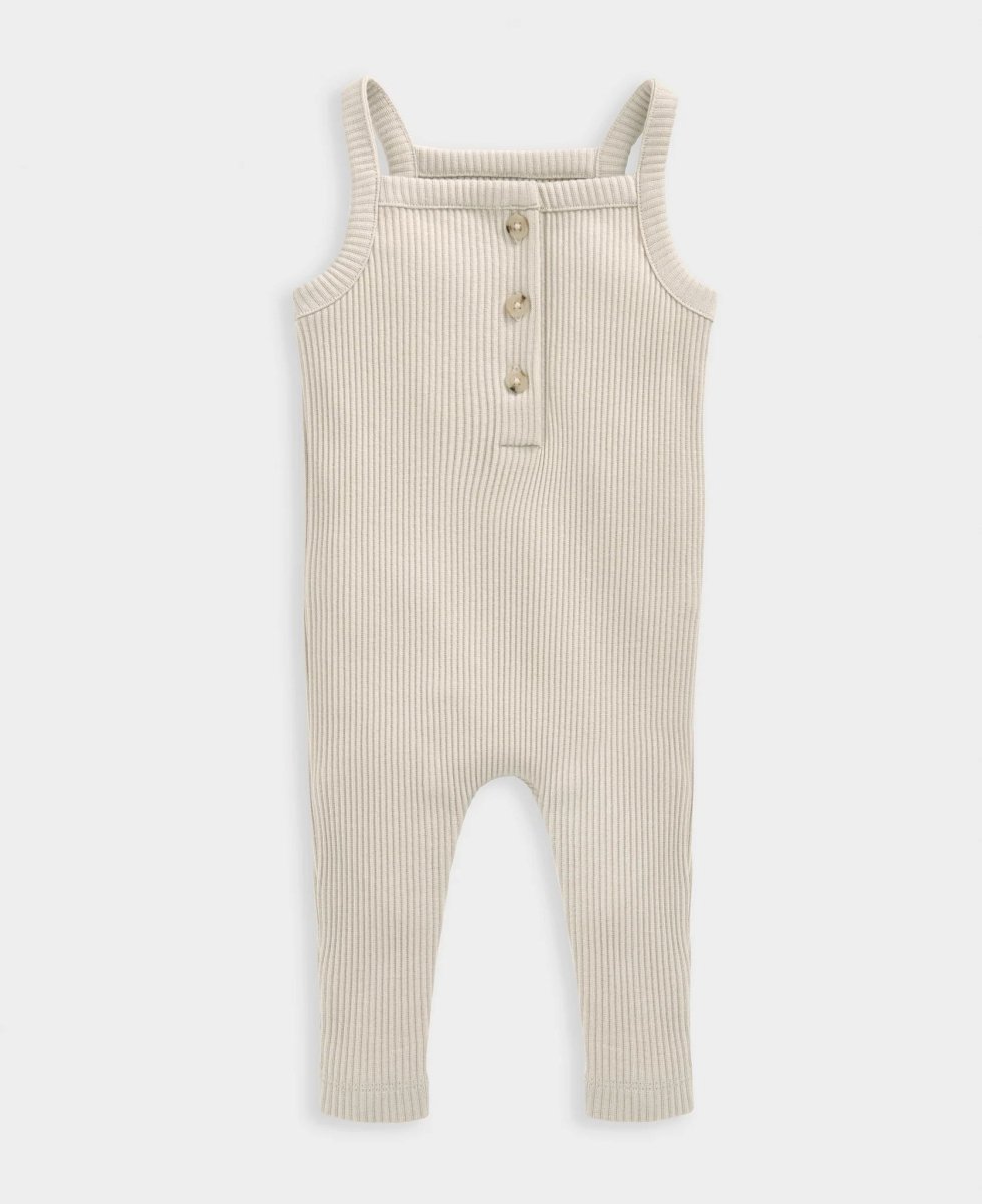 Ribbed oatmeal dungarees with thin straps and snap button placket