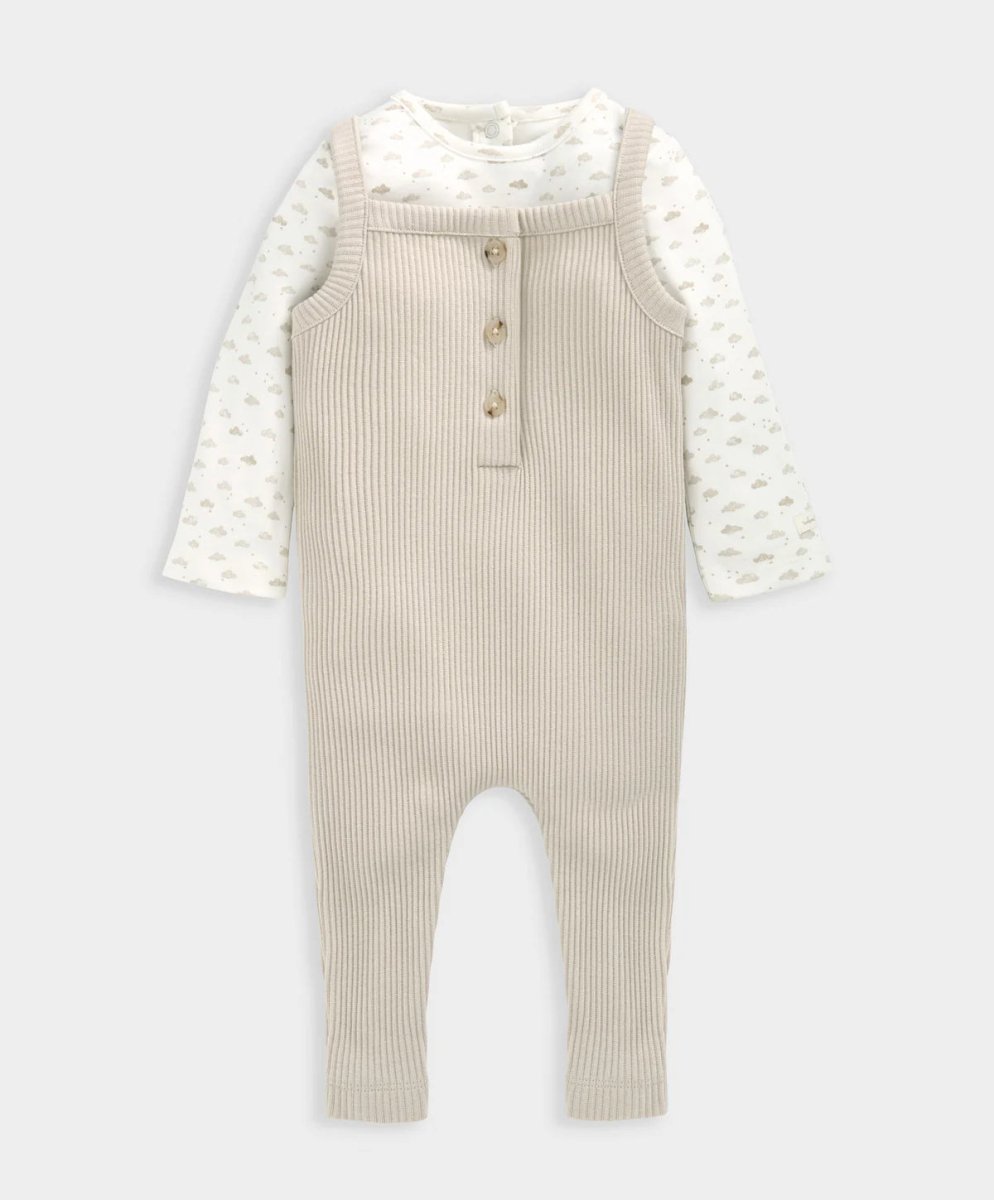 Ribbed oatmeal dungarees with adjustable straps and snap front over patterned bodysuit