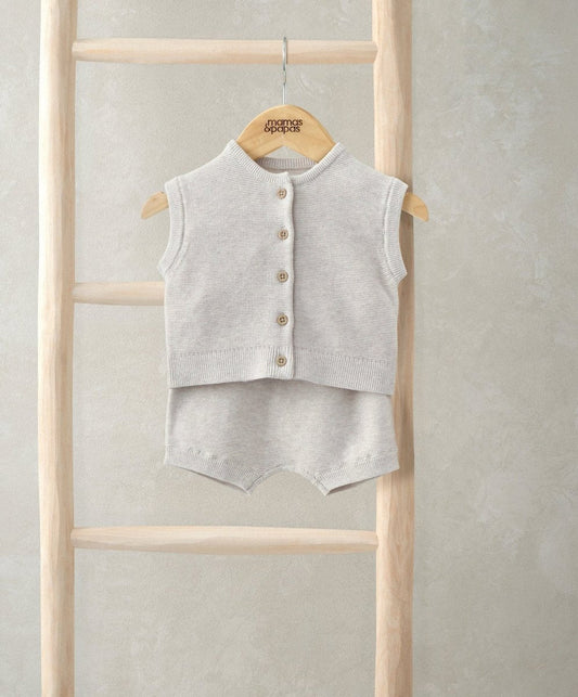 Ribbed knit cardigan and shorts set, sand sleeveless with button front