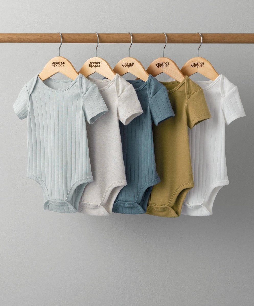 Ribbed short-sleeve bodysuits, 5-pack, white, beige, blue, olive and light gray