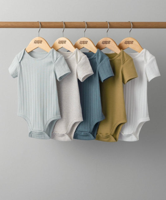 Ribbed short-sleeve bodysuits, 5-pack, white, beige, blue, olive and light gray