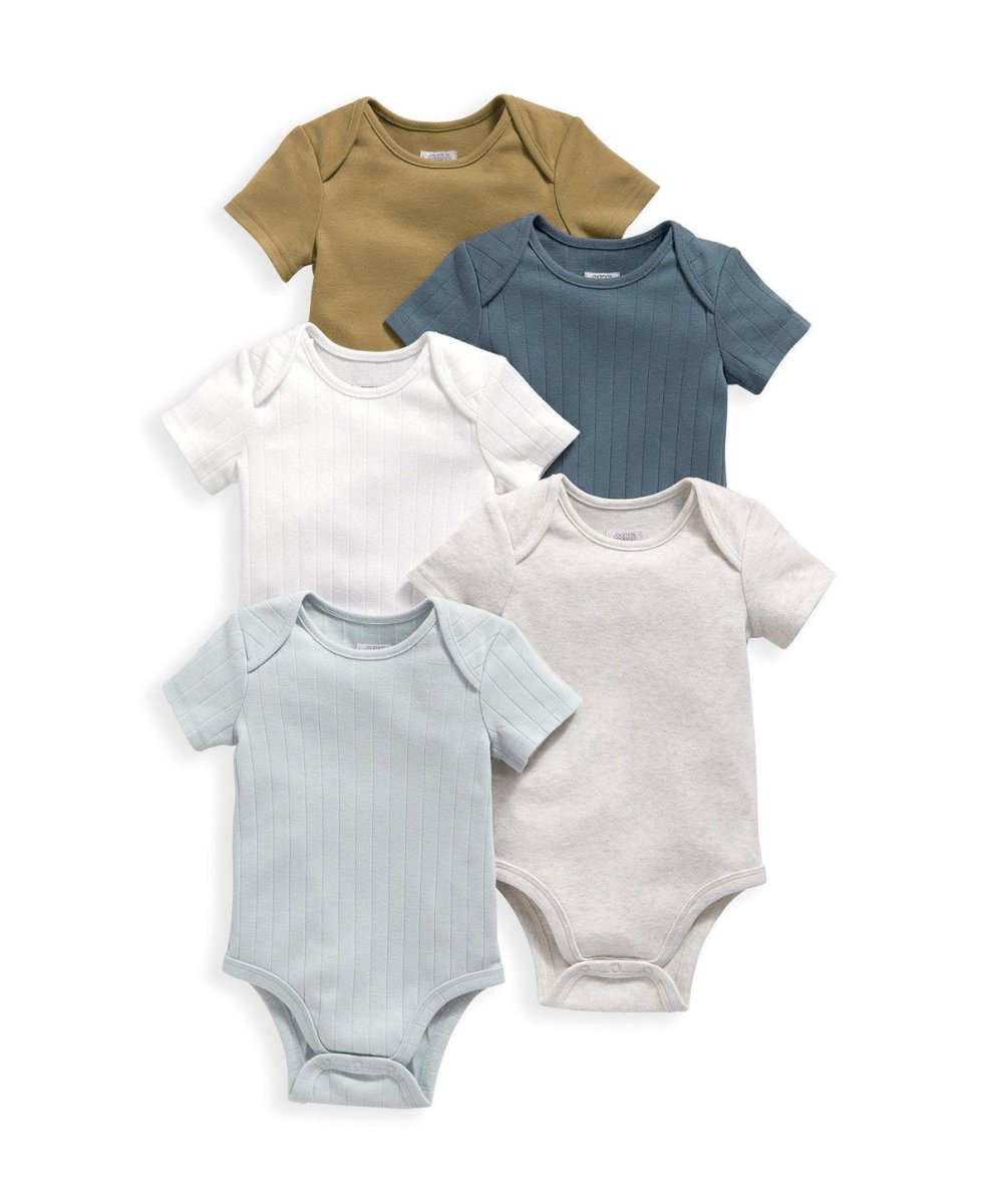 Ribbed short-sleeve bodysuits set, 5-pack, tan, teal blue, white, gray and pale blue