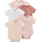 Ribbed short-sleeve bodysuits set of five in pinks and white, crew neck snap crotch