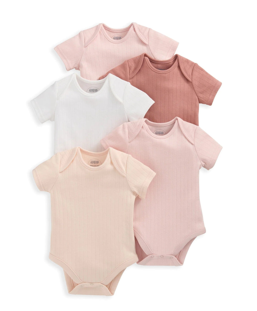 Ribbed short-sleeve bodysuits set of five in pinks and white, crew neck snap crotch