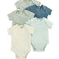 Ribbed short-sleeve bodysuit set (5) in assorted pastel blue, mint, and cream