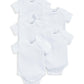 Set of 5 white ribbed short-sleeve bodysuits in a flat lay, snap closures