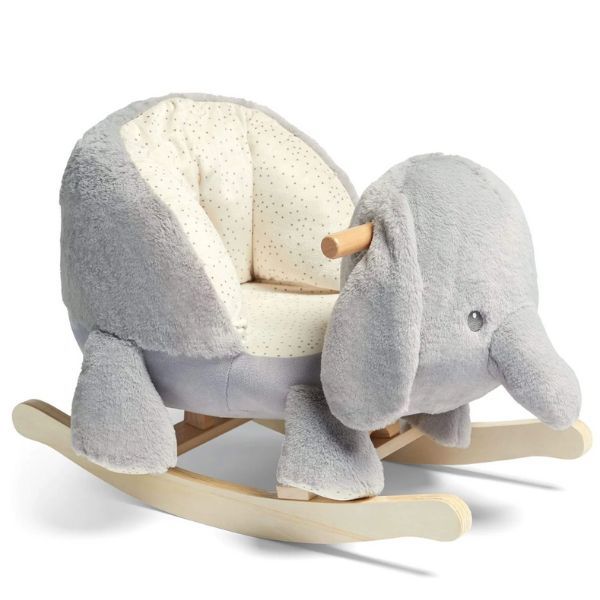 Plush gray elephant rocking animal with cushioned seat and wooden rockers