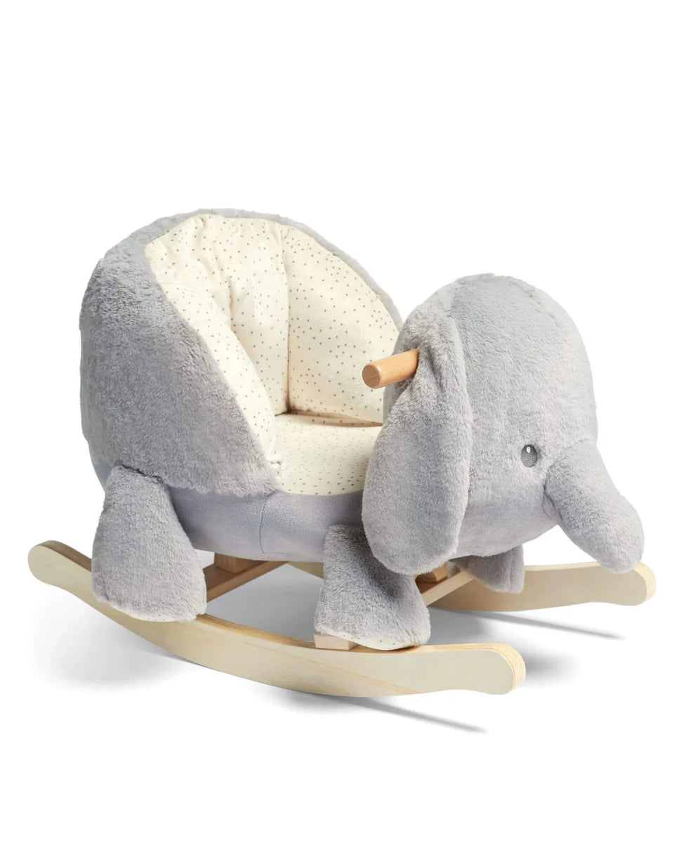 Plush gray elephant rocking animal with light seat and speckled cushion