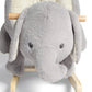 Gray plush elephant face on rocking animal, with black button eyes
