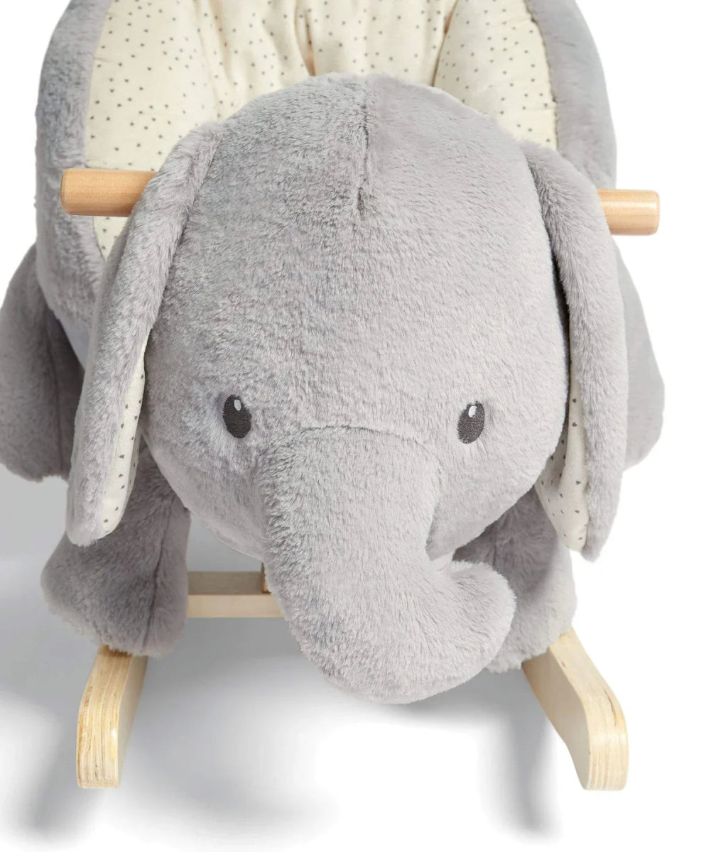 Gray plush elephant face on rocking animal, with black button eyes