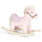 Plush rocking horse with pale pink head and speckled tail, wooden rockers, Belle