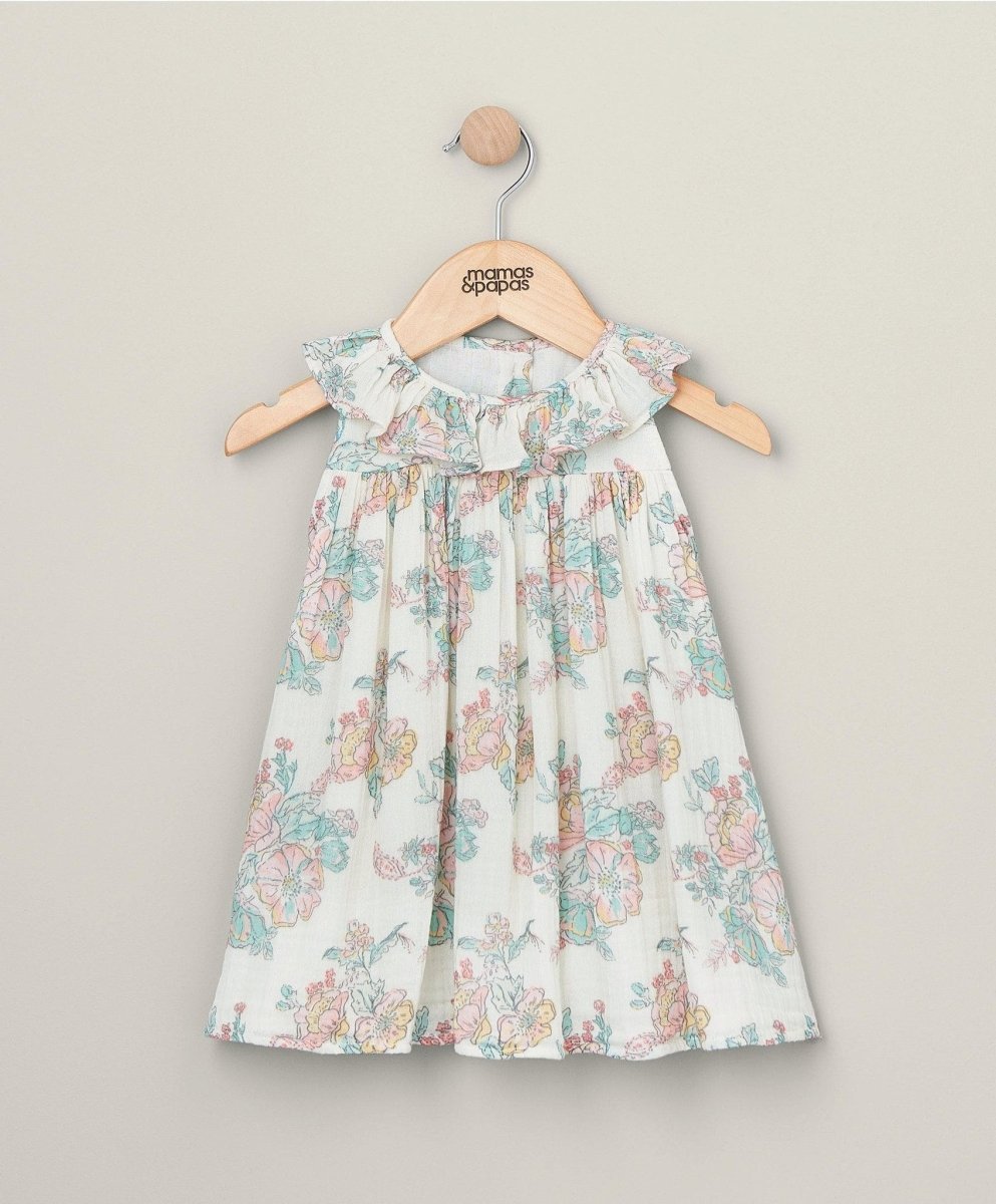 Floral scallop-collar dress with gathered bodice and short ruffle sleeves, light pastel