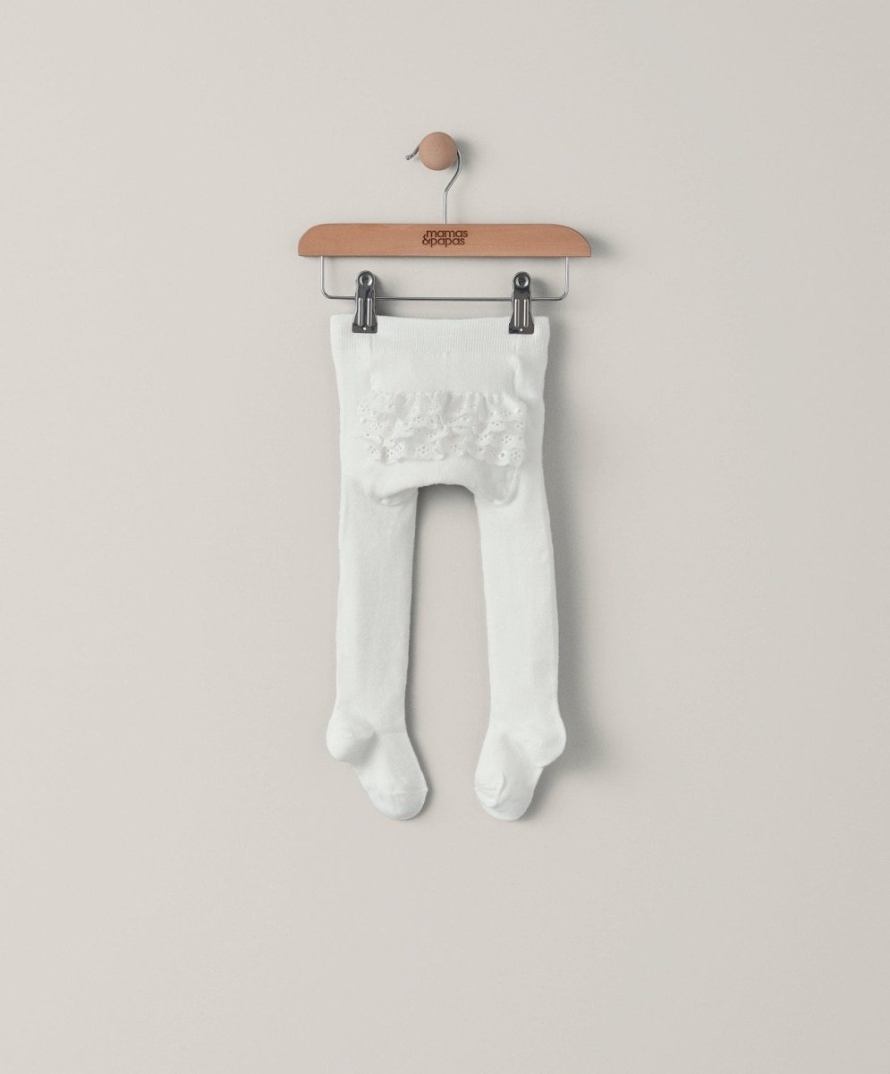 Off-white ruffle frill tights with gathered lace trim at the leg opening