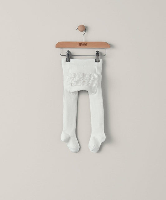 Off-white ruffle frill tights with gathered lace trim at the leg opening