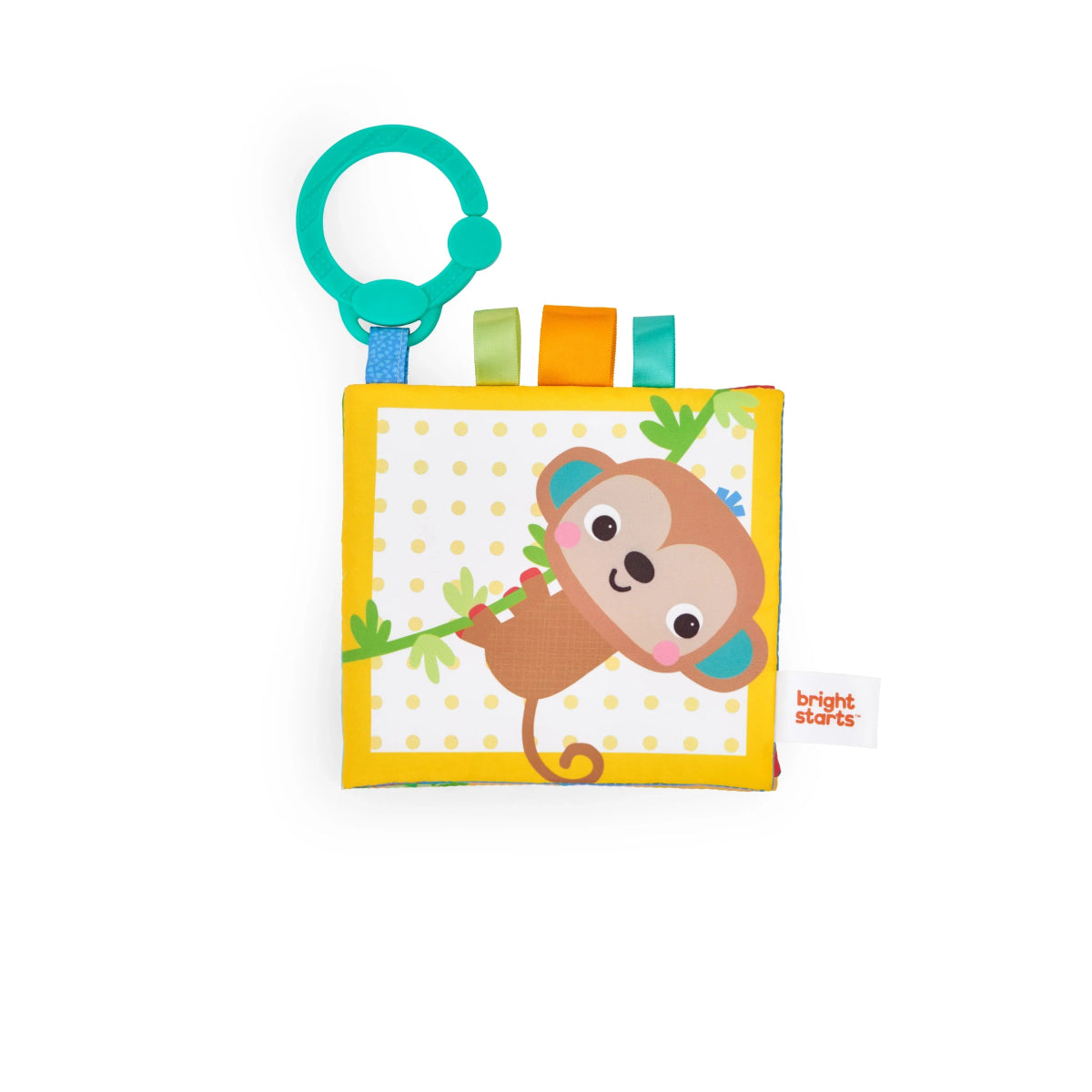 Soft cloth baby book with safari animal pages and green clip handle ring