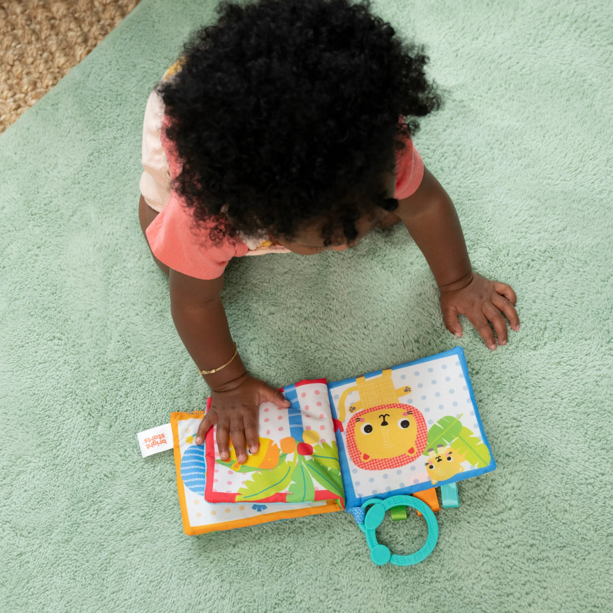 Soft cloth baby book with safari animals and lion face on fabric pages, teal handle
