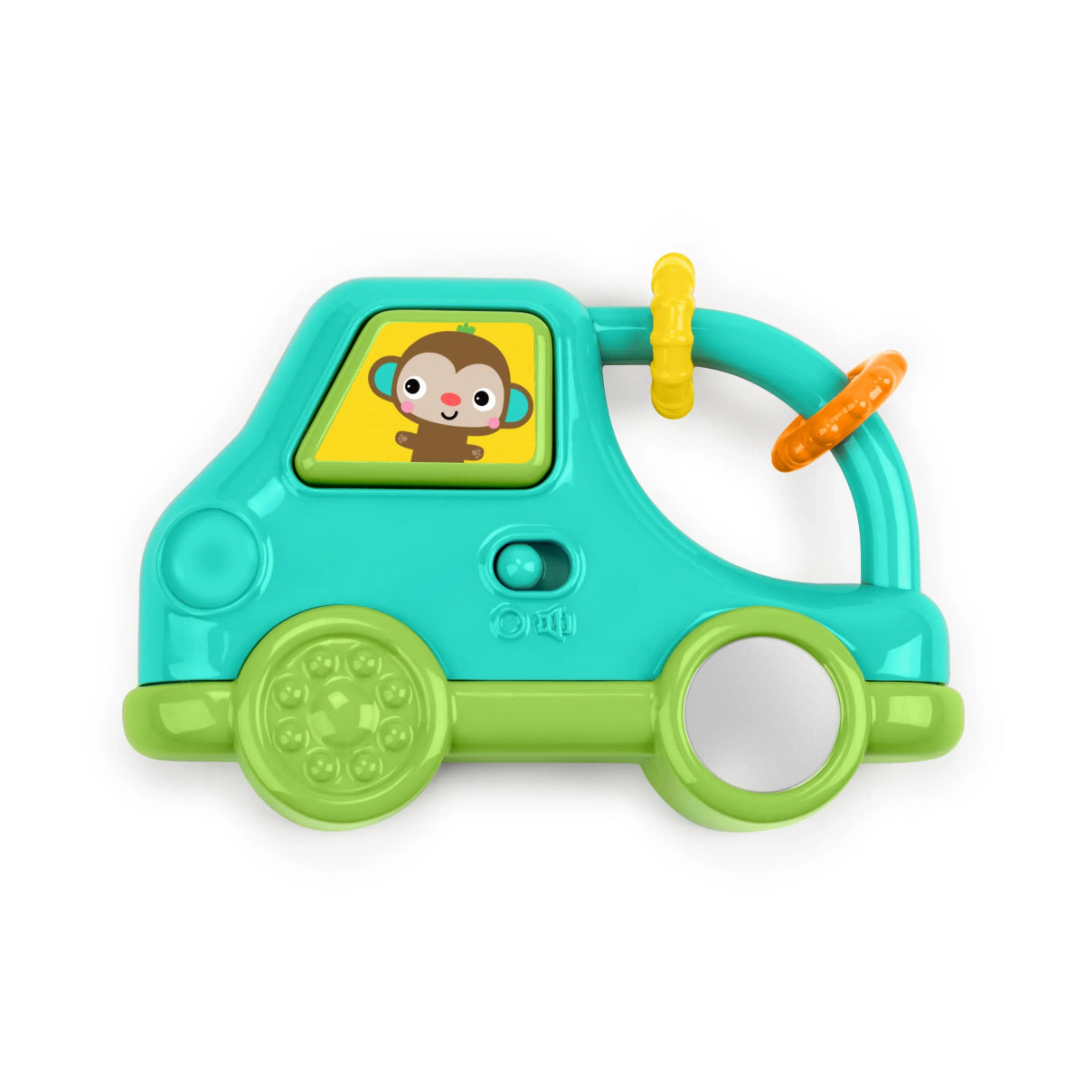 Teal take-along safari driver toy car with steering wheel and monkey face window