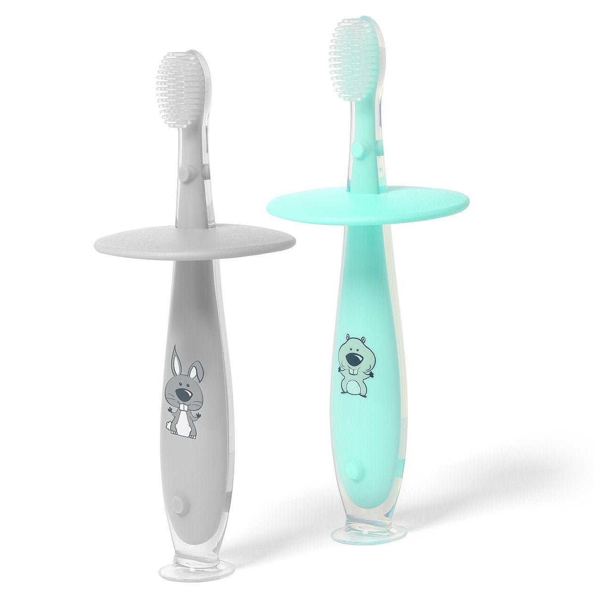 Baby safe toothbrush with mint handle, soft bristles, bunny graphic on stand base
