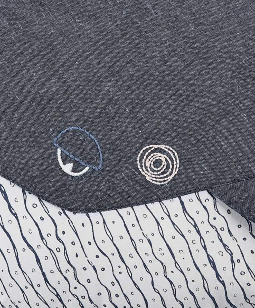 Dark gray whale cushion fabric with stitched applique and white striped panel