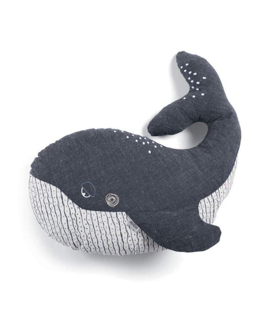 Whale-shaped cushion in dark gray with striped white underside and embroidered accents