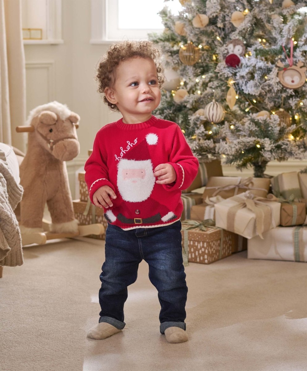 Santa jumper, red knit sweater with white Santa face graphic and long sleeves