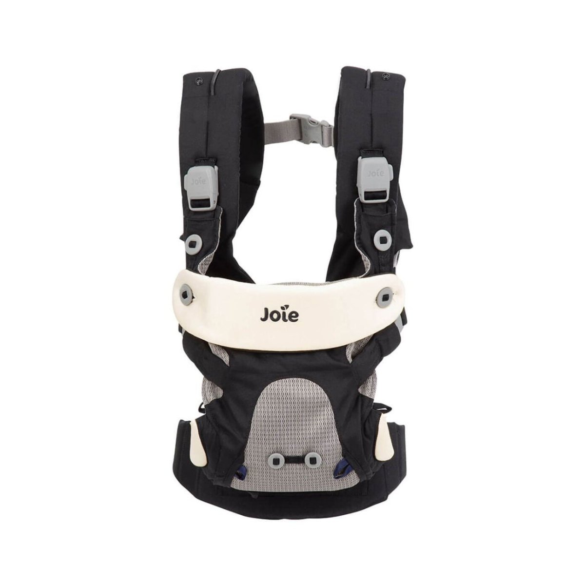 Black baby carrier with cream headband, gray insert panel, adjustable shoulder straps