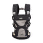 Black baby carrier front view with gray seat insert, two shoulder straps, buckles